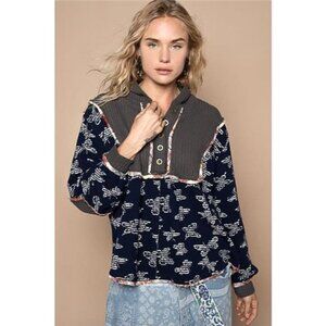 POL Butterfly Waffle-Knit Half Button Hooded Knit Top